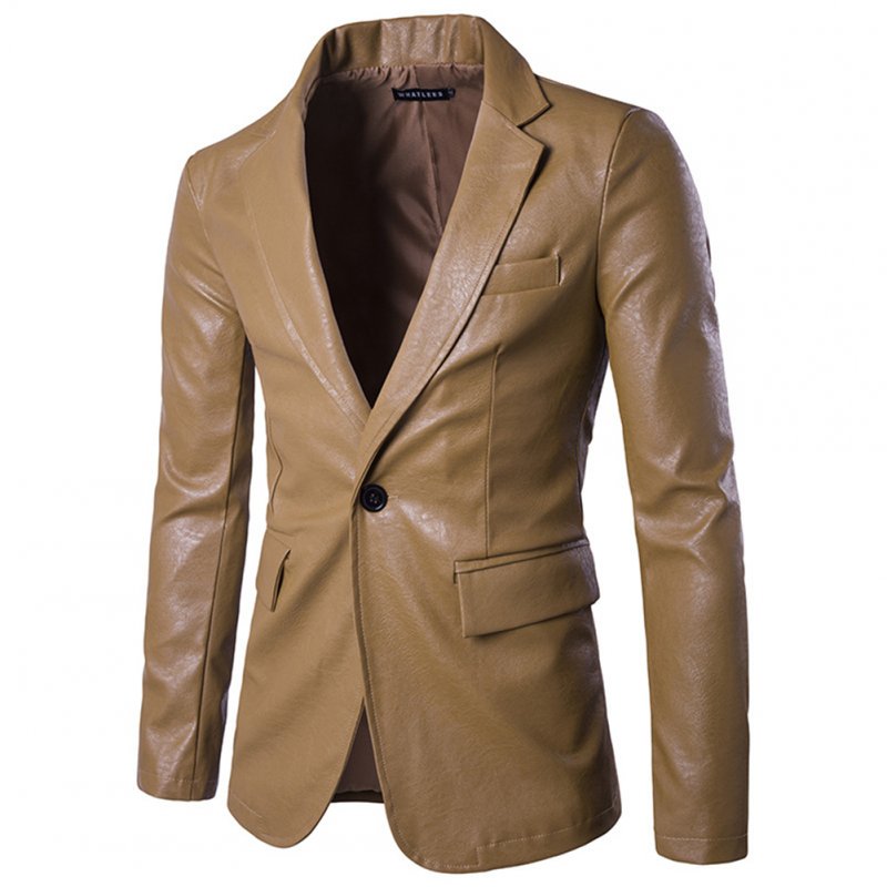 Men Spring Solid Color Slim PU Leather Fashion Single Row One Button Suit Coat Tops Khaki_S