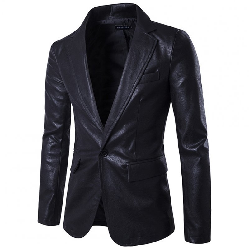 Men Spring Solid Color Slim PU Leather Fashion Single Row One Button Suit Coat Tops black_L