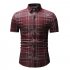 Men Spring Summer Short Sleeve Plaid Casual Slim Shirt Tops red M