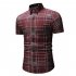 Men Spring Summer Short Sleeve Plaid Casual Slim Shirt Tops red L