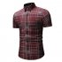 Men Spring Summer Short Sleeve Plaid Casual Slim Shirt Tops red XXL