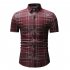 Men Spring Summer Short Sleeve Plaid Casual Slim Shirt Tops red L