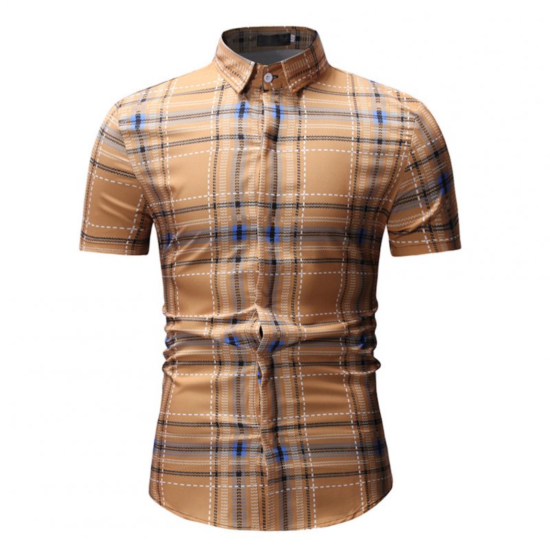 Men Spring Summer Short Sleeve Plaid Casual Slim Shirt Tops Khaki_L