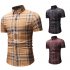 Men Spring Summer Short Sleeve Plaid Casual Slim Shirt Tops Khaki L
