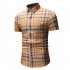 Men Spring Summer Short Sleeve Plaid Casual Slim Shirt Tops Khaki XXXL