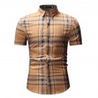 Men Spring Summer Short Sleeve Plaid Casual Slim Shirt Tops Khaki XXXL