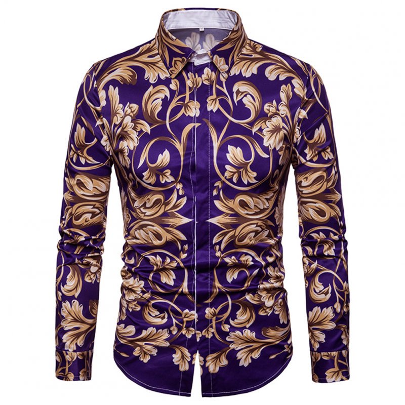 Men Spring and Autumn Casual Fashion Digital Print Long Sleeve Lapel Slim Shirt Top Color_L