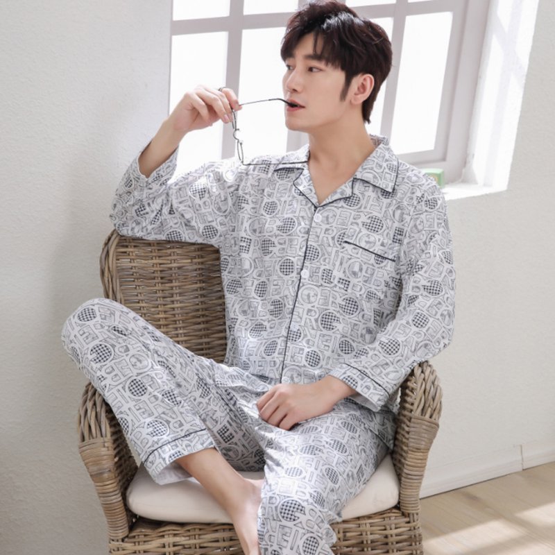 Men Spring and Autumn Cotton Long Sleeve Casual Breathable Home Wear Set Pajamas 8853 blue_XXL