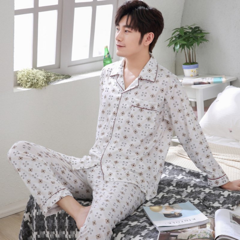 Men Spring and Autumn Cotton Long Sleeve Casual Breathable Home Wear Set Pajamas 8853 red_XXXL