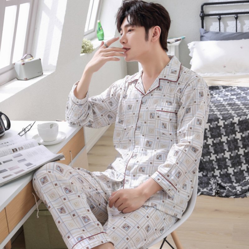 Men Spring and Autumn Cotton Long Sleeve Casual Breathable Home Wear Set Pajamas 8844 red_XL