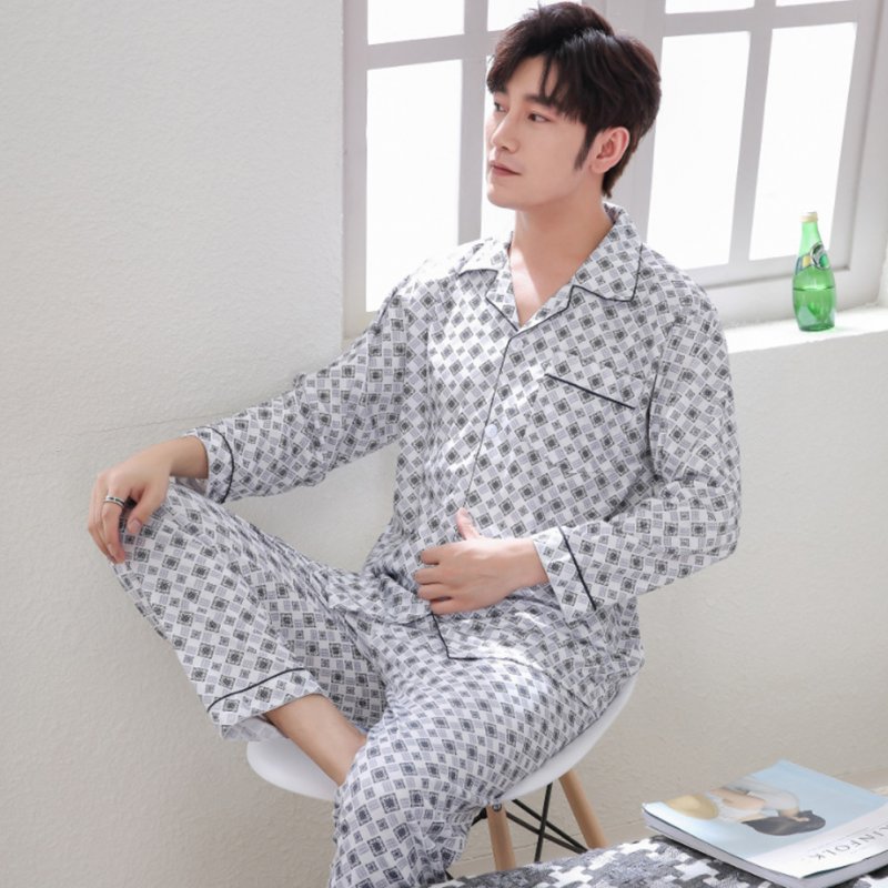 Men Spring and Autumn Cotton Long Sleeve Casual Breathable Home Wear Set Pajamas 8851 blue_XL