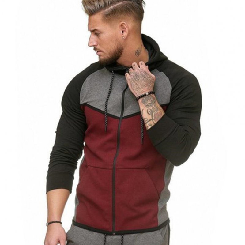 Men Stitch-color Sweater Fitness Long Sleeve Casual Hooded Hoodie Outdoor Sports Jacket  Red wine_XXL