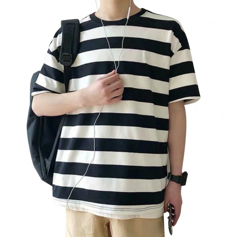 Men Stripe Pattern Half Sleeve Casual Loose T-shirt F17 striped white T-shirt_M