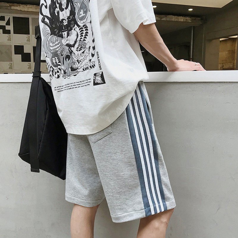Men Striped Casual Shorts With Pockets Summer Loose Sports Beach Shorts Workout Running Gym Training Shorts grey_L