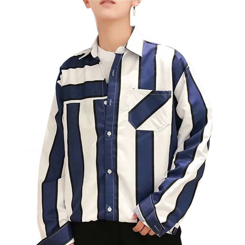 Men Striped Pattern Long Sleeve Loose Casual Shirt blue_XXL