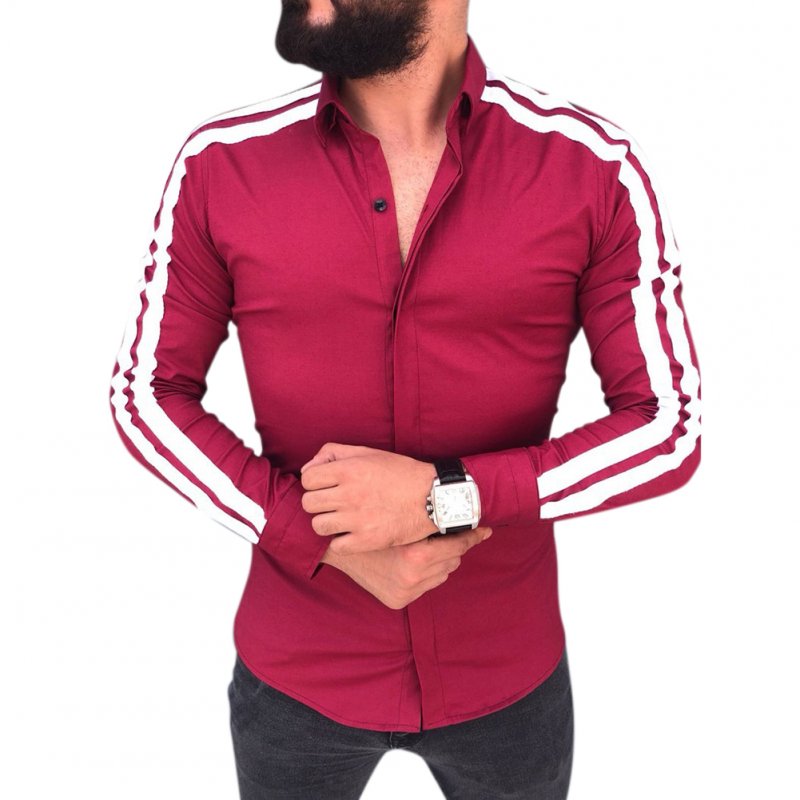 Men Stylish Casual Matching Dress Shirt Slim Fit T-Shirt Long Sleeve Formal Tops red_XL