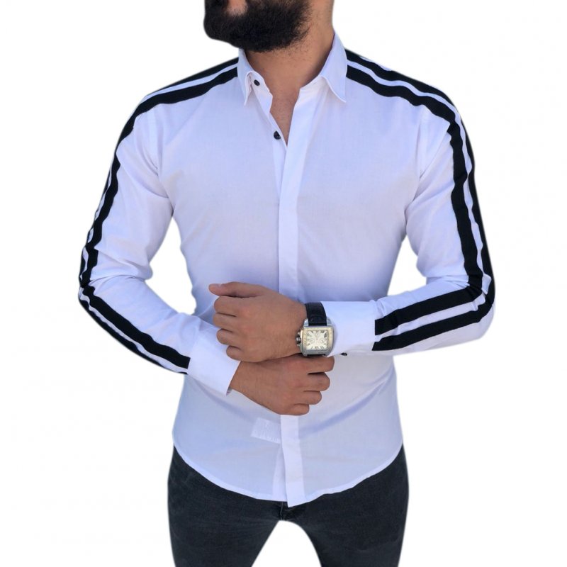 Men Stylish Casual Matching Dress Shirt Slim Fit T-Shirt Long Sleeve Formal Tops white_L
