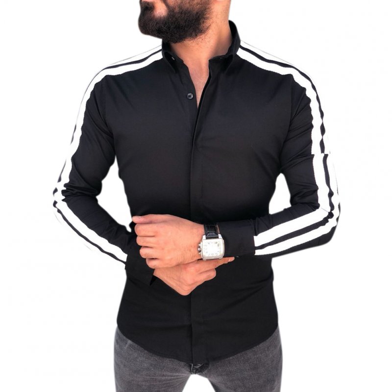 Men Stylish Casual Matching Dress Shirt Slim Fit T-Shirt Long Sleeve Formal Tops black_XL
