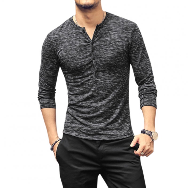 Men Stylish Long-Sleeve Slim T-Shirt Simple Solid Color Button Tops Base Shirt gray_M