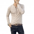 Men Stylish Long Sleeve Slim T Shirt Simple Solid Color Button Tops Base Shirt Khaki L