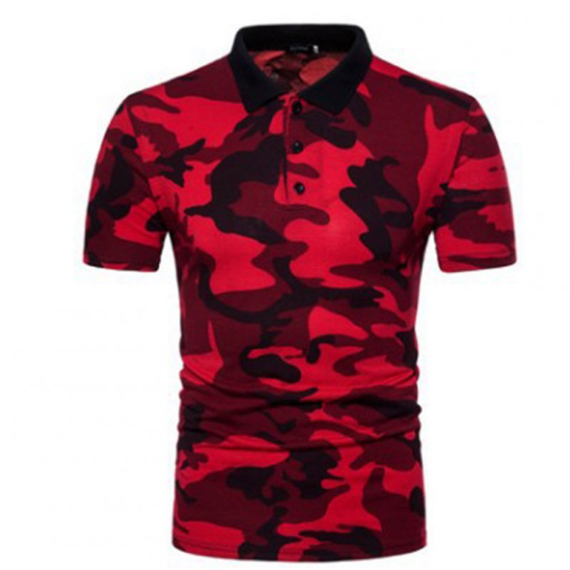 Men Summer Camouflage Color Slim Short Sleeve Lapel Shirt Top red_L