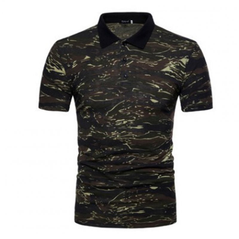 Men Summer Camouflage Color Slim Short Sleeve Lapel Shirt Top green_M
