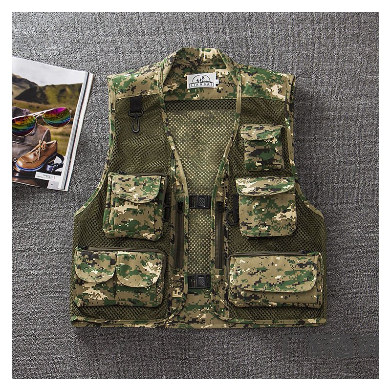 Men Summer Casual Camo Vest Multi-pocket Breathable Mesh Hiking Hunting Vest Professional Photography Jacket Green Camo_M
