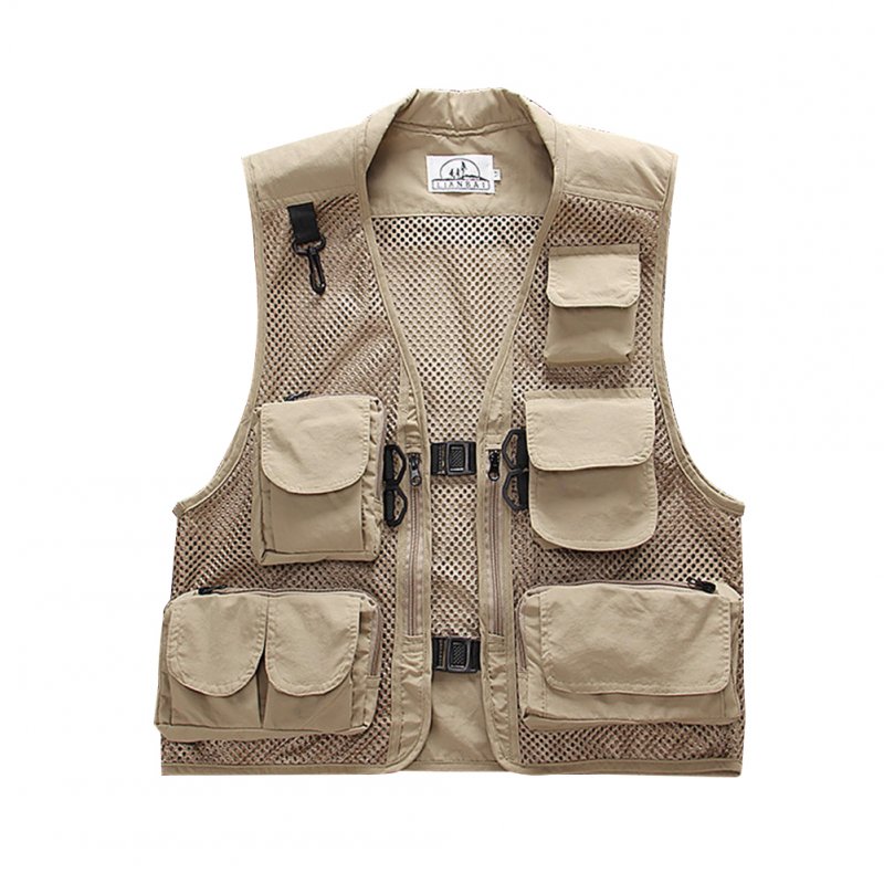 Men Summer Casual Camo Vest Multi-pocket Breathable Mesh Hiking Hunting Vest Professional Photography Jacket Beige_XXXL