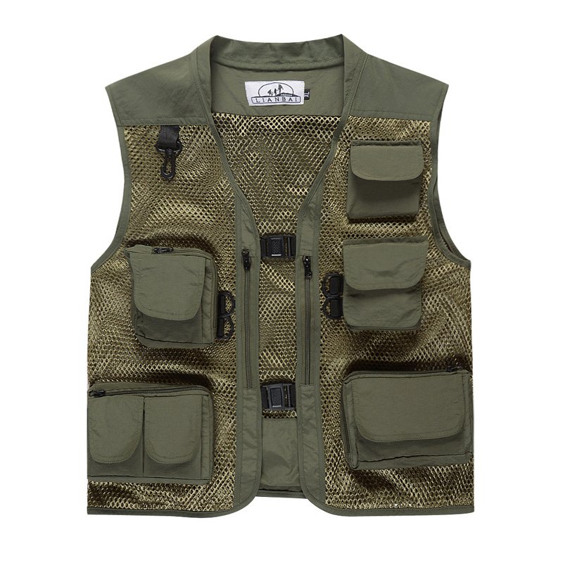 Men Summer Casual Camo Vest Multi-pocket Breathable Mesh Hiking Hunting Vest Professional Photography Jacket Army Green_L