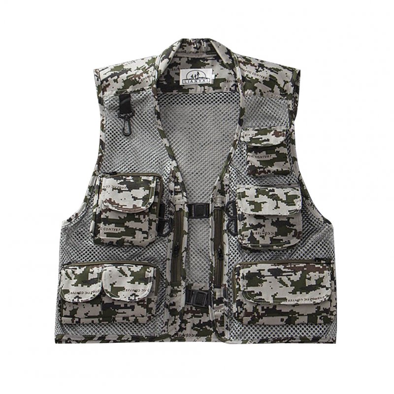 Men Summer Casual Camo Vest Multi-pocket Breathable Mesh Hiking Hunting Vest Professional Photography Jacket Grey Camo_XL