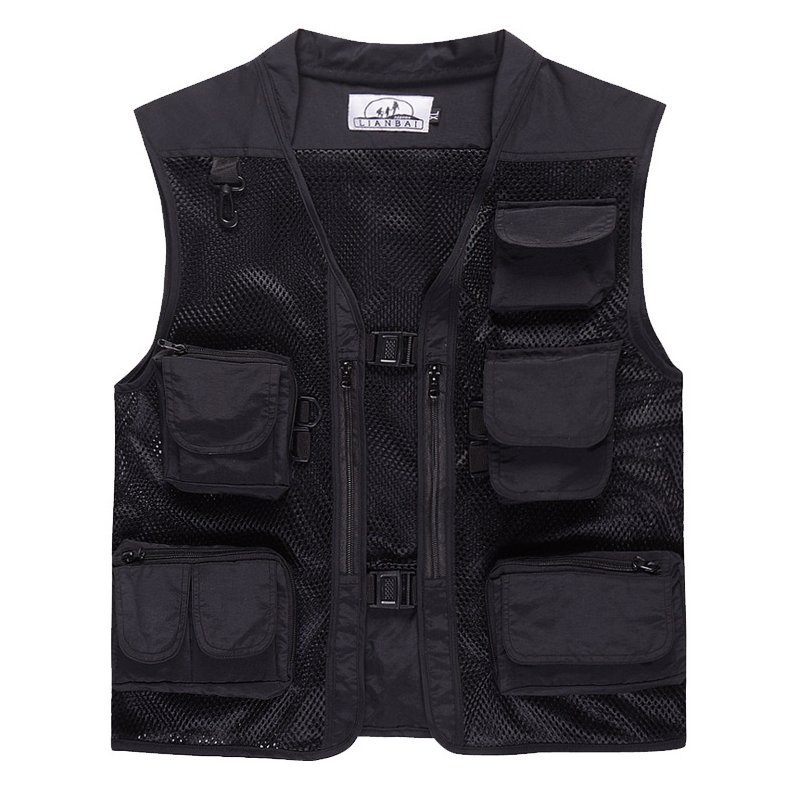 Men Summer Casual Camo Vest Multi-pocket Breathable Mesh Hiking Hunting Vest Professional Photography Jacket black_L
