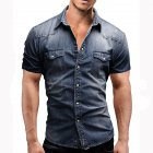 Men Summer Casual Denim Short Sleeves Front Buttons Shirt Dark blue 2XL