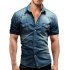 Men Summer Casual Denim Short Sleeves Front Buttons Shirt Dark blue L