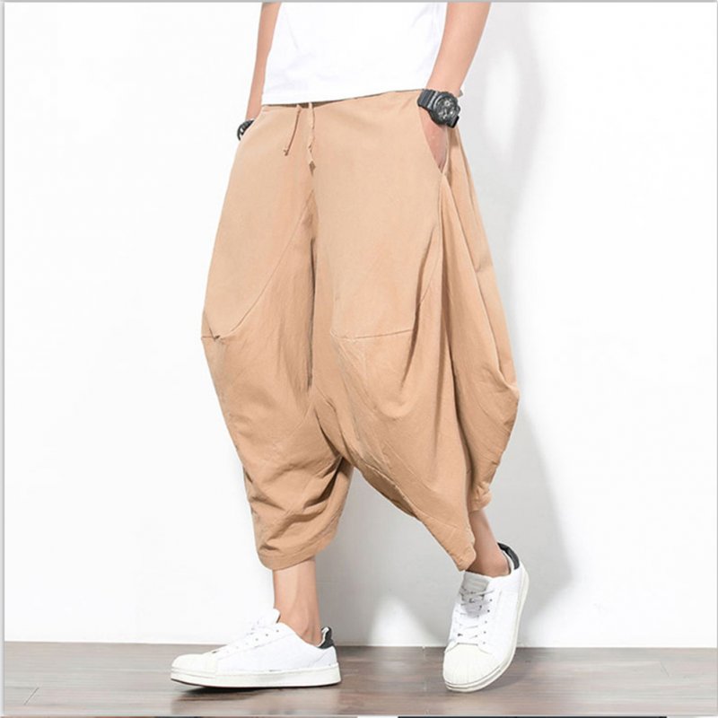 Men Summer Casual Solid Color Loose Beach Pants Cotton Linen Harem Pants Khaki_XL