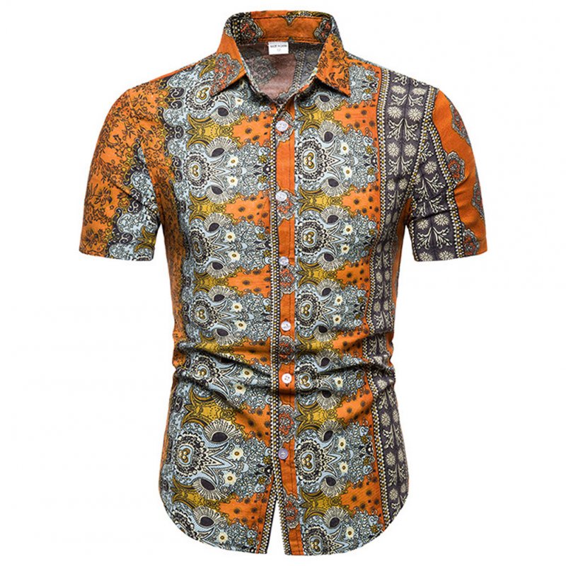 Men Summer Fashion Short Sleeve Breathable Casual Slim Shirt Tops Orange_XL