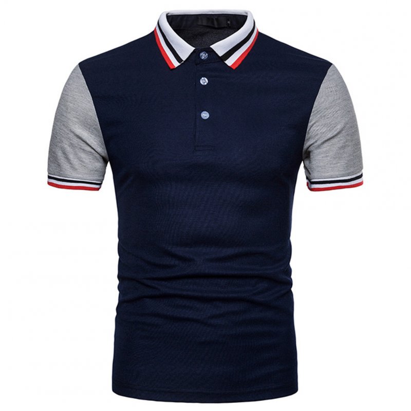 Men Summer Fashion Threaded Collar Short Sleeve POLO Shirt Tops Navy_2XL