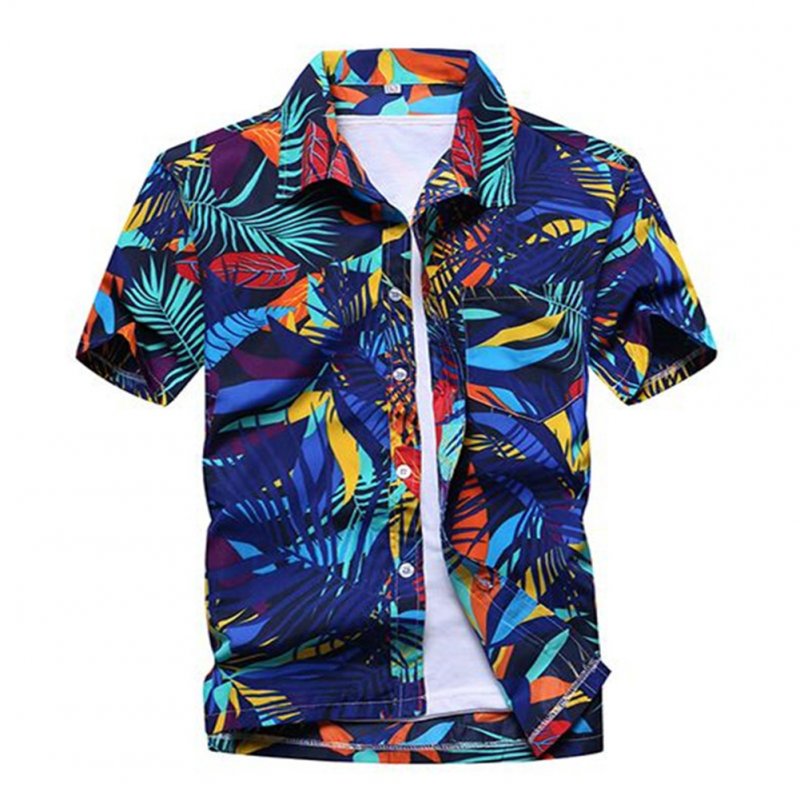 Men Summer Hawaii Quick Dry Printing Short Sleeve Loose Beach Shirt blue_XXL