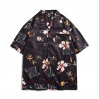 Men Summer Lapel Shirt Trendy Short Sleeves Retro Hawaiian Cardigan Tops Casual Loose T-shirt 1324# black M