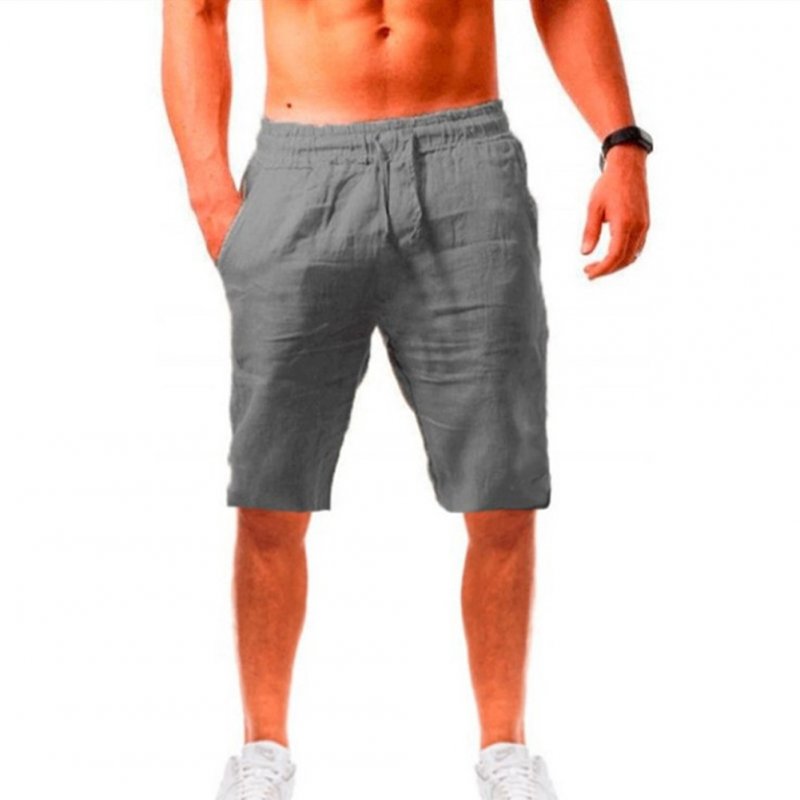 Men Summer Linen Cotton Sports Shorts Breathable Casual Loose Solid Color Straight Pants dark gray 2XL