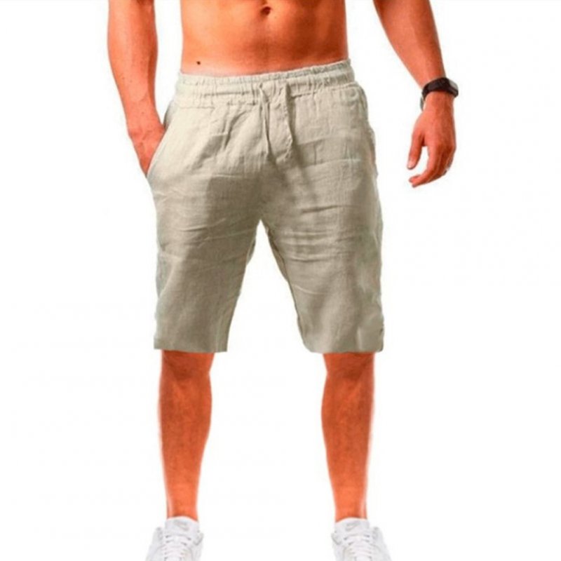 Men Summer Linen Cotton Sports Shorts Breathable Casual Loose Solid Color Straight Pants Beige 3XL