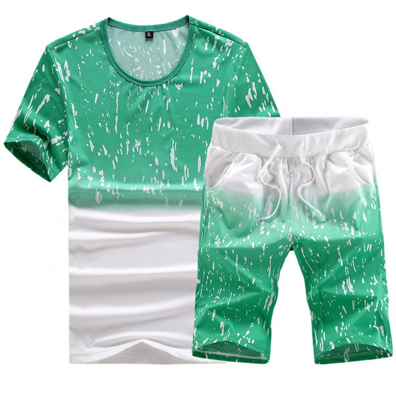 Men Summer Loose Round Neck Casual Short-sleeved T-shirt Sports Suit Outfit green_2XL