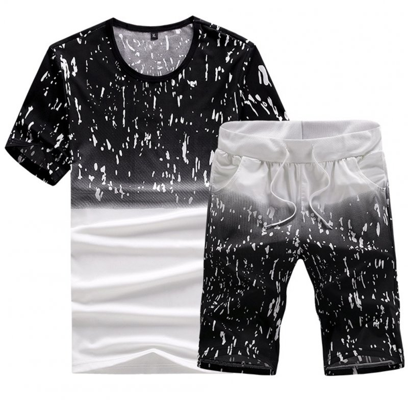 Men Summer Loose Round Neck Casual Short-sleeved T-shirt Sports Suit Outfit black_M