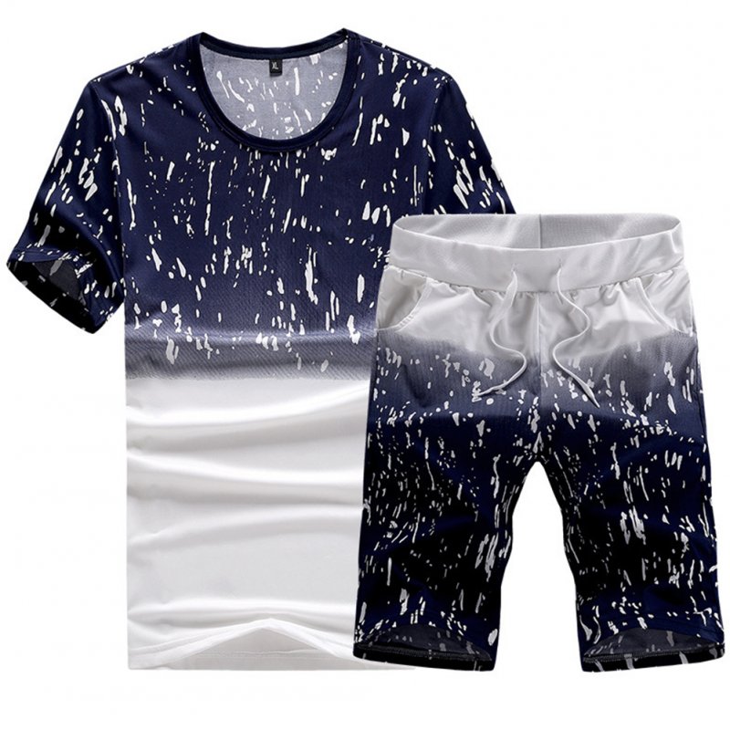 Men Summer Loose Round Neck Casual Short-sleeved T-shirt Sports Suit Outfit Navy blue_XL