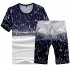 Men Summer Loose Round Neck Casual Short sleeved T shirt Sports Suit Outfit Navy blue 4XL