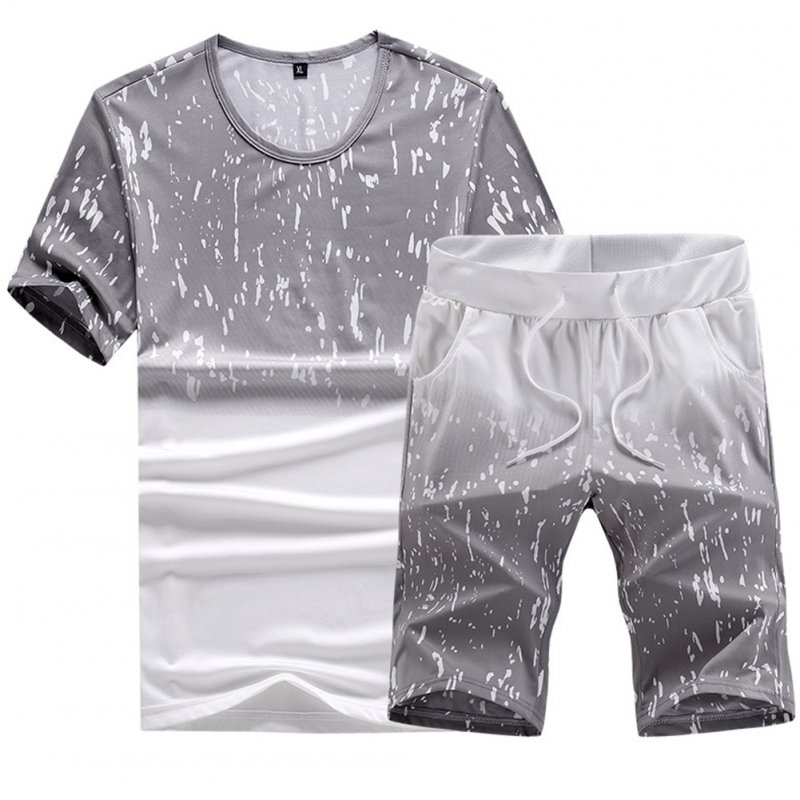 Men Summer Loose Round Neck Casual Short-sleeved T-shirt Sports Suit Outfit light grey_4XL