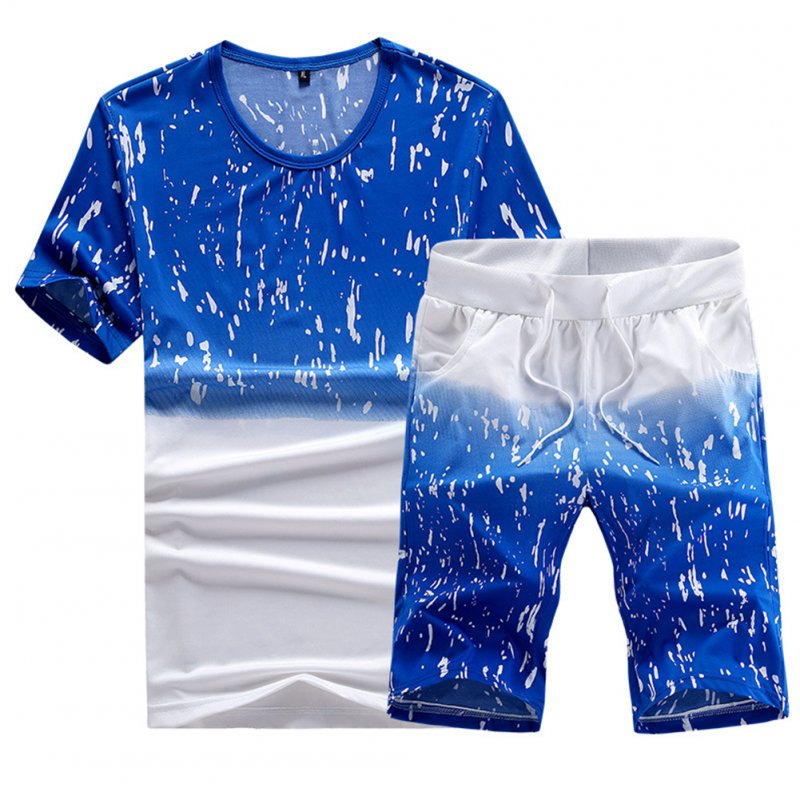 Men Summer Loose Round Neck Casual Short-sleeved T-shirt Sports Suit Outfit blue_L