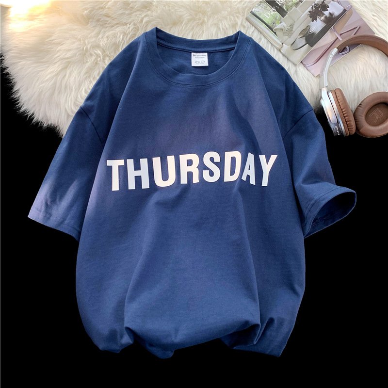 Men Summer Loose T-shirt Half Sleeves Round Neck Fashion Week Letter Printing Tops Casual Large Size Shirt navy blue XXL