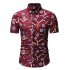 Men Summer New Casual Short Sleeve Flower Cotton Loose Shirt Tops red XL