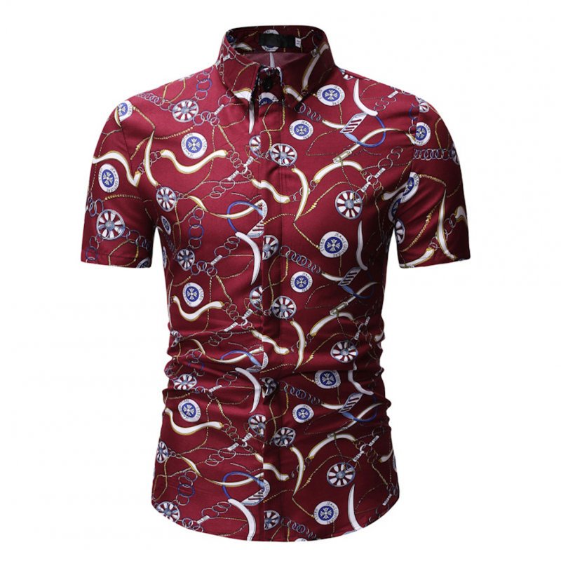 Men Summer New Casual Short Sleeve Flower Cotton Loose Shirt Tops red_3XL