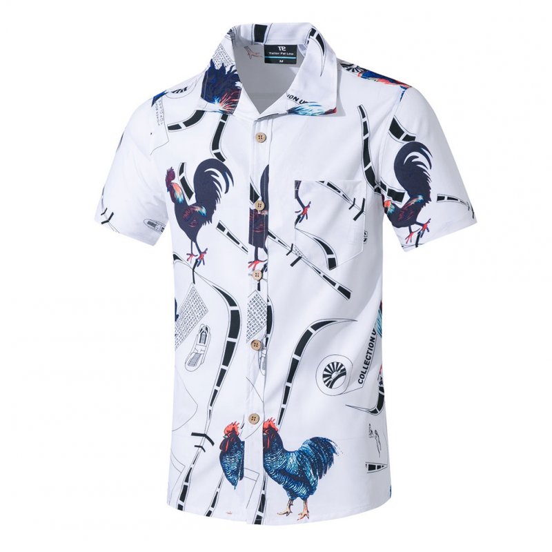 Men Summer Printed Short-sleeved Beach Shirt Quick-drying Casual Loose Top White_XXL